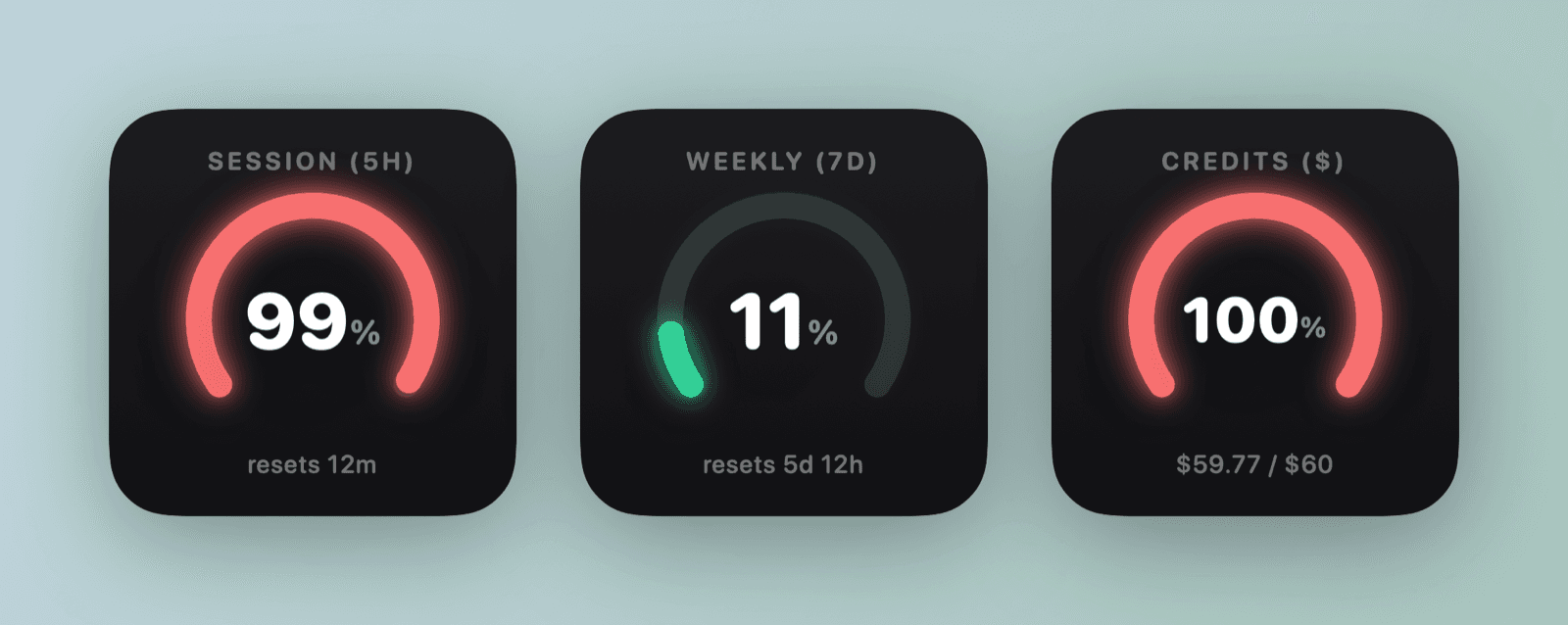 Claude Usage Gauge — session, weekly, and credit gauge widgets